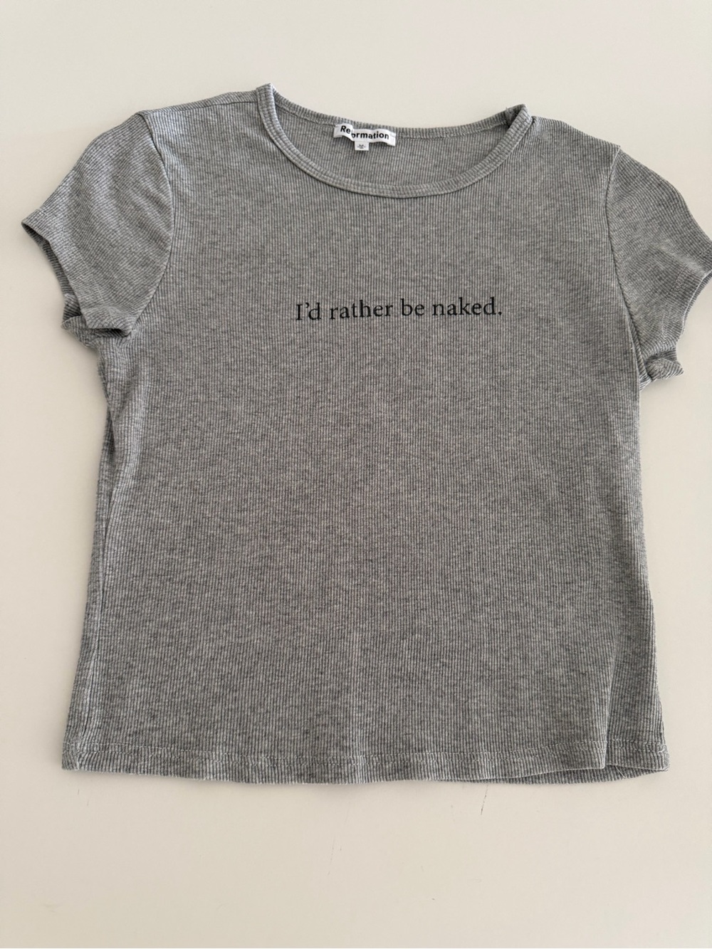 Reformation Gray Ribbed Tee with Black Script